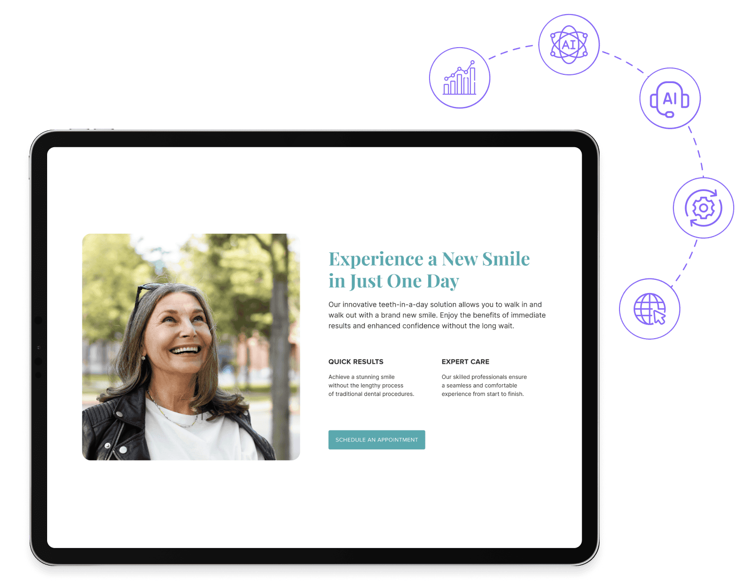 Tablet displaying a dental website with a smiling woman, surrounded by icons representing AI-assisted research and digital tools.