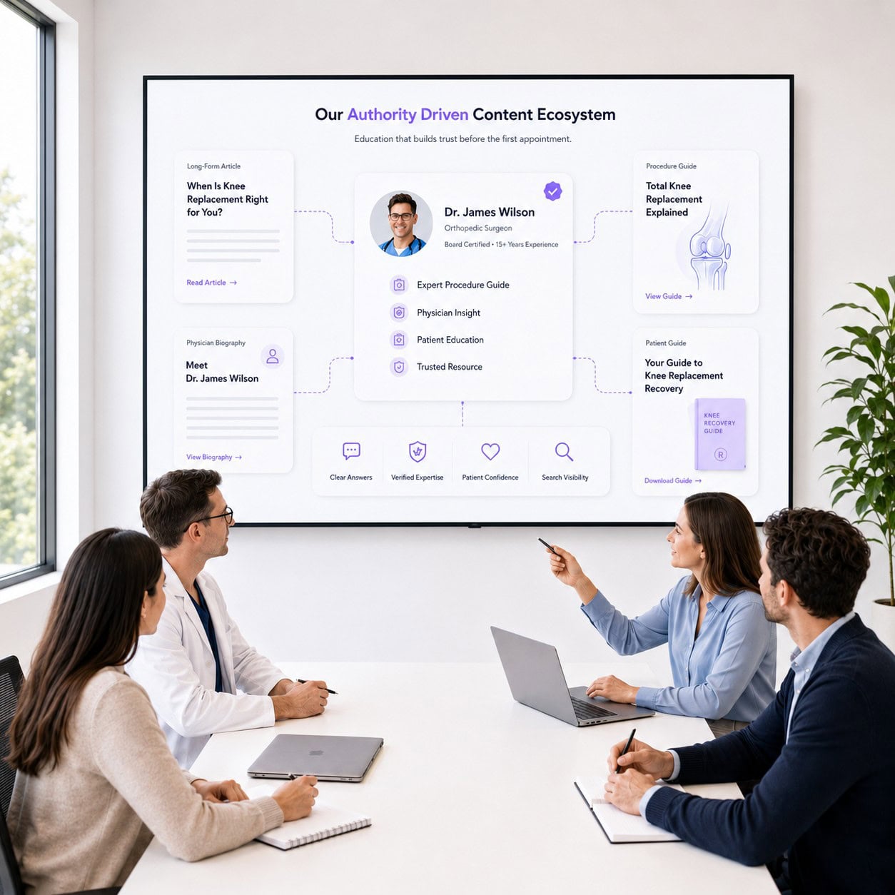 Healthcare marketing team reviewing an authority-driven content ecosystem with physician profiles, patient guides, and educational resources.
