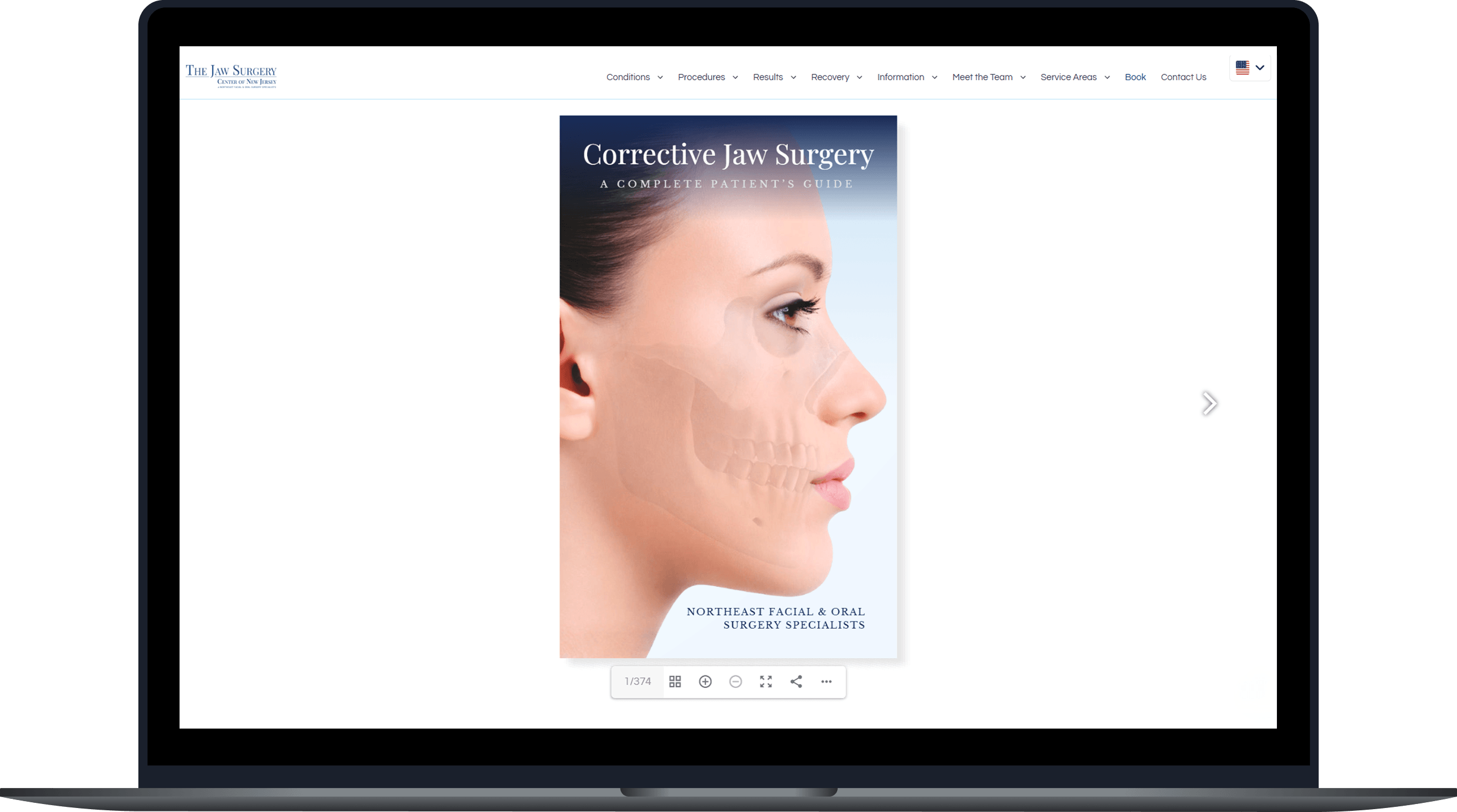 Corrective Jaw Surgery digital book displayed on a practice website with interactive reading controls.