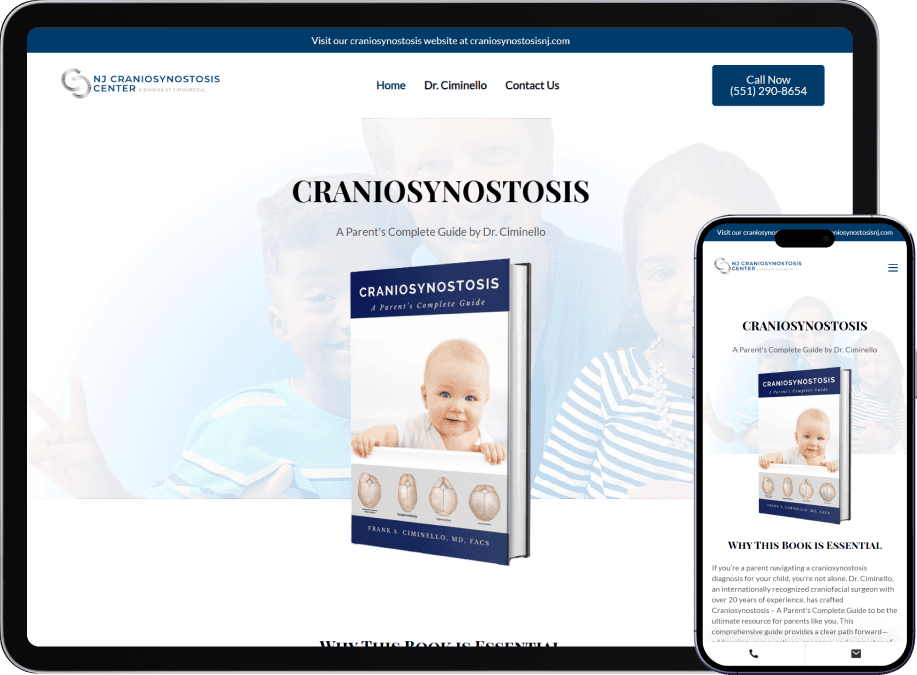 Responsive book companion website for Craniosynostosis: A Parent’s Complete Guide displayed on desktop and mobile screens.