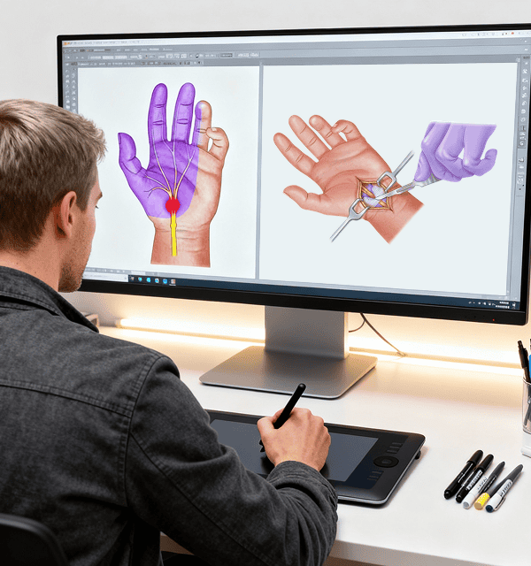 Illustrator uses a pen tablet to create detailed hand and wrist visuals for a custom medical illustration library.