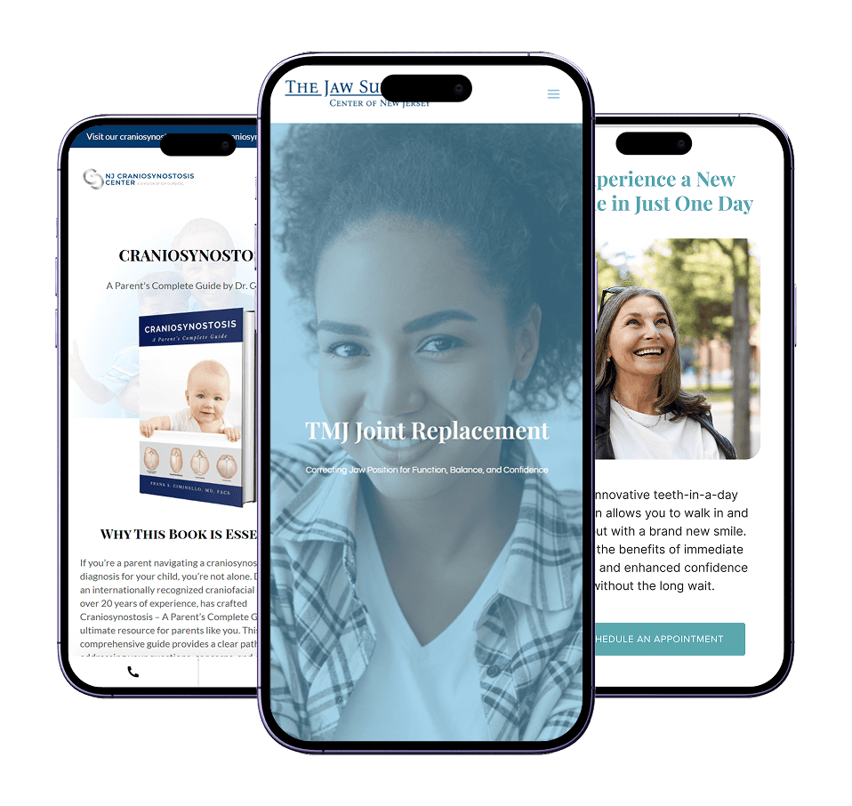 Three smartphones display custom websites for craniosynostosis care, TMJ joint replacement, and same-day dental treatment.