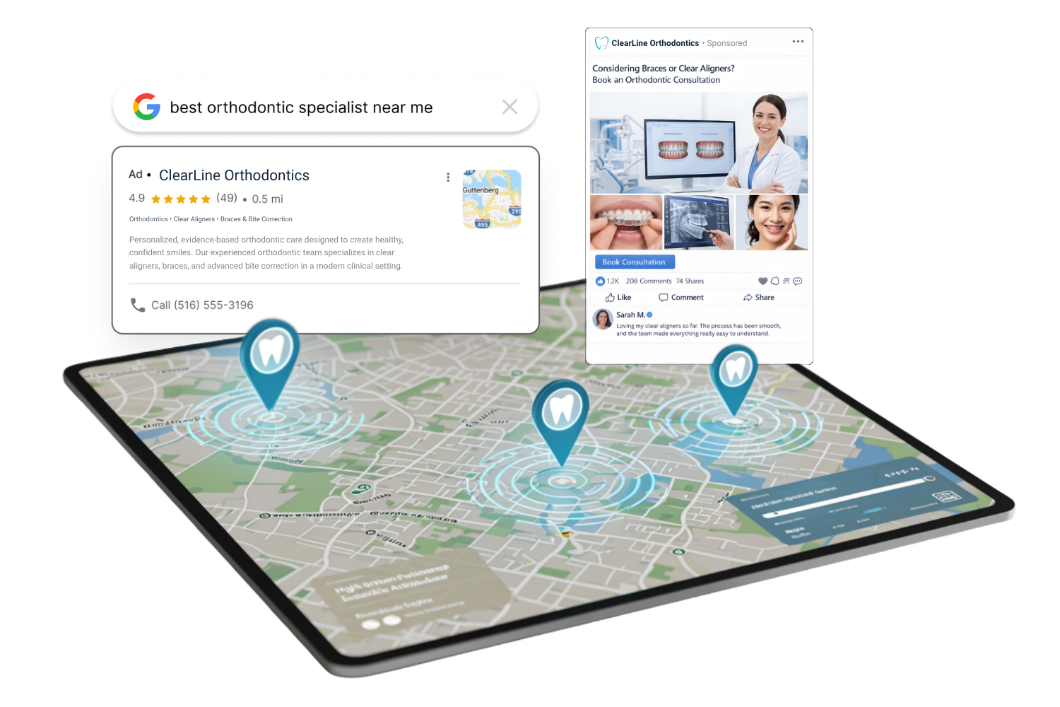 Digital map with dental location pins, an orthodontist search ad, and a social media ad illustrating AI healthcare advertising.