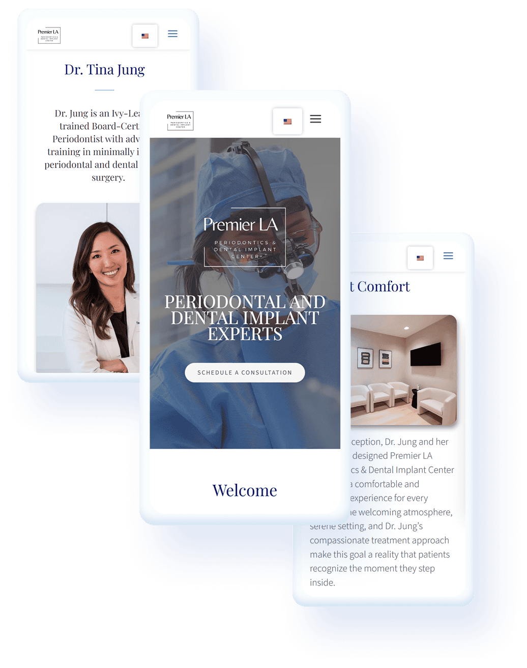 Three overlapping mobile previews of a dental practice website featuring a doctor profile, services, and a patient comfort page.