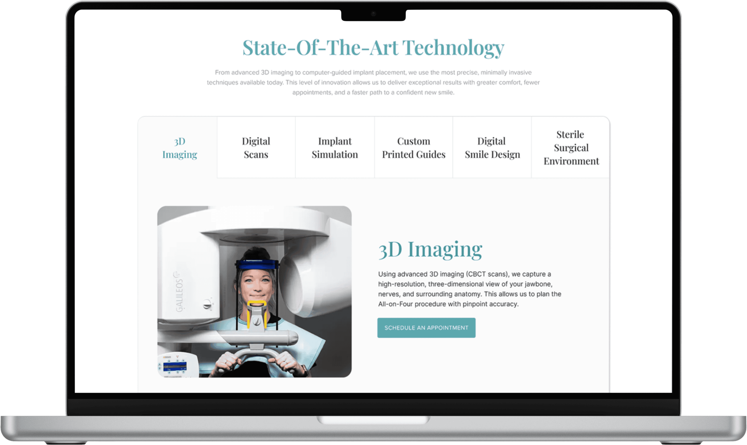 Laptop displaying a dental practice website section about advanced 3D imaging technology.