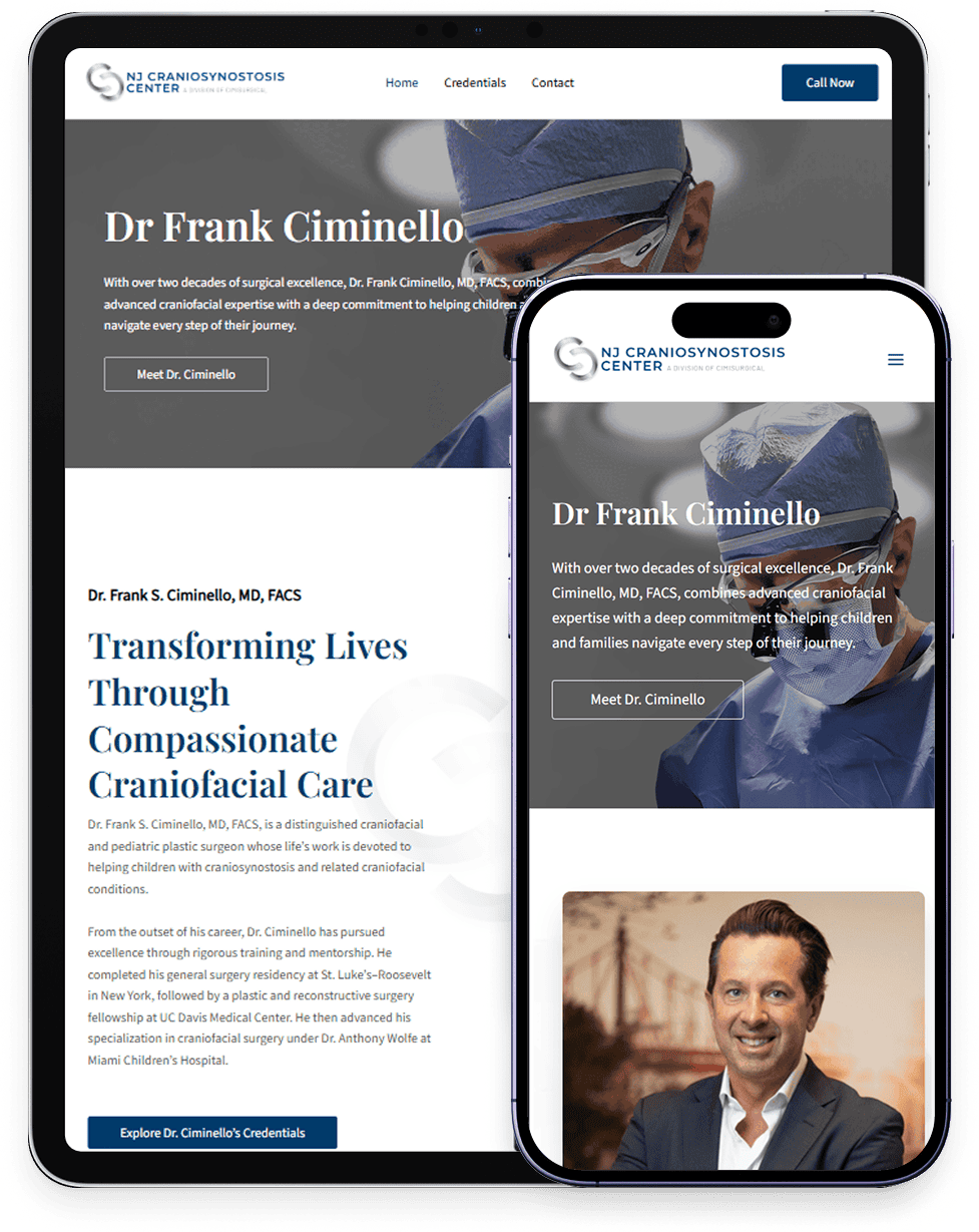 Tablet and smartphone previews of Dr. Frank Ciminello’s personal website highlighting his craniofacial expertise and credentials.