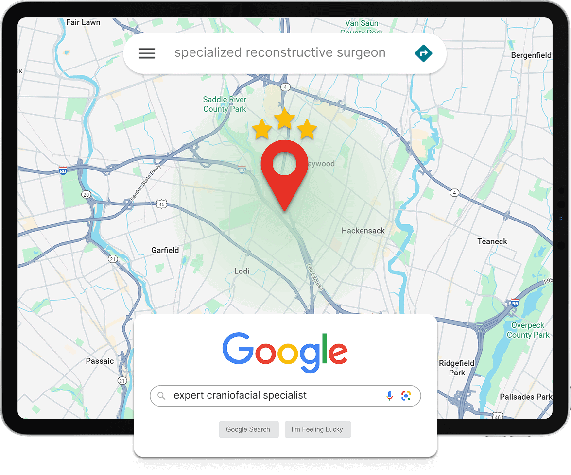 Tablet displaying an example Google map, location pin, star ratings, and specialist searches to illustrate healthcare SEO visibility.