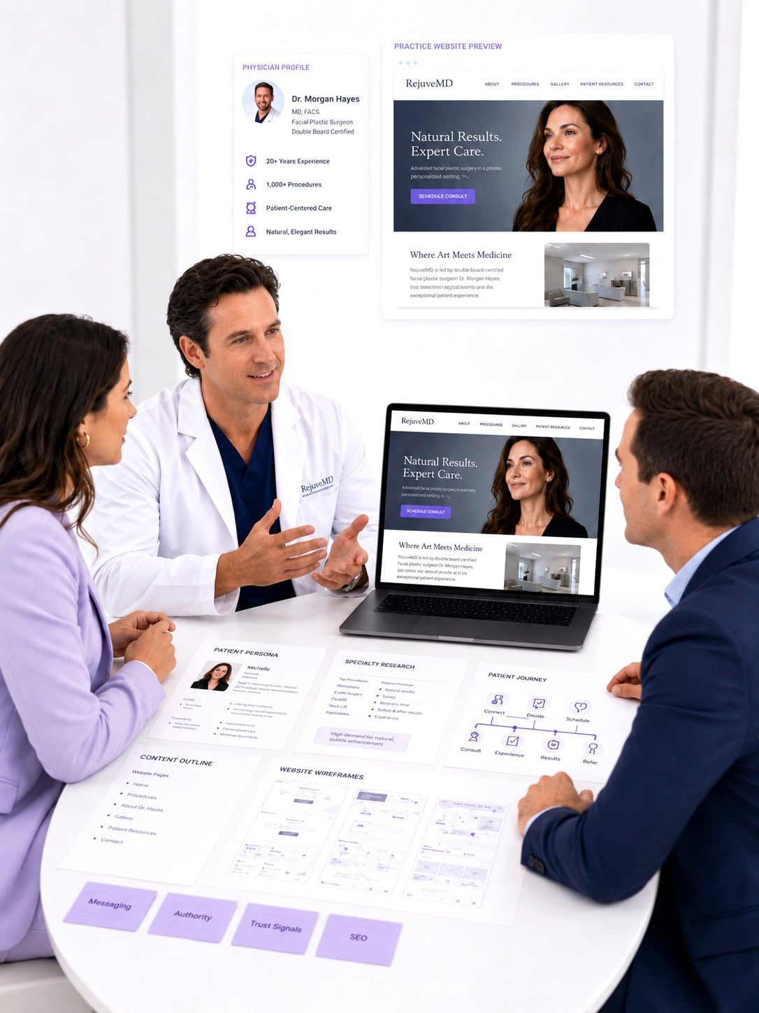 Three professionals reviewing custom healthcare website, branding, and strategy concepts around a table.