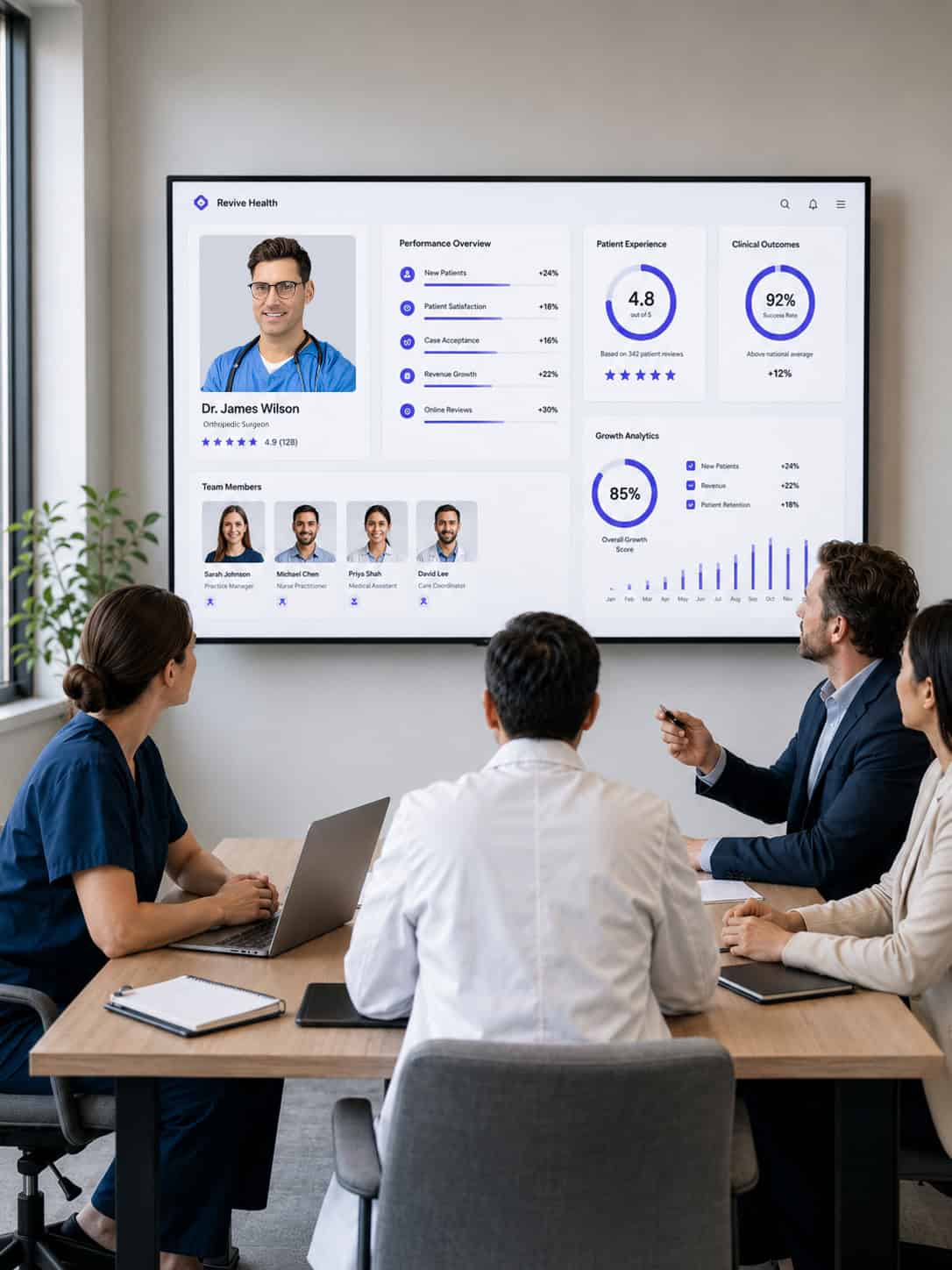 Healthcare team meeting around a conference table to review provider performance and patient analytics on a wall display.