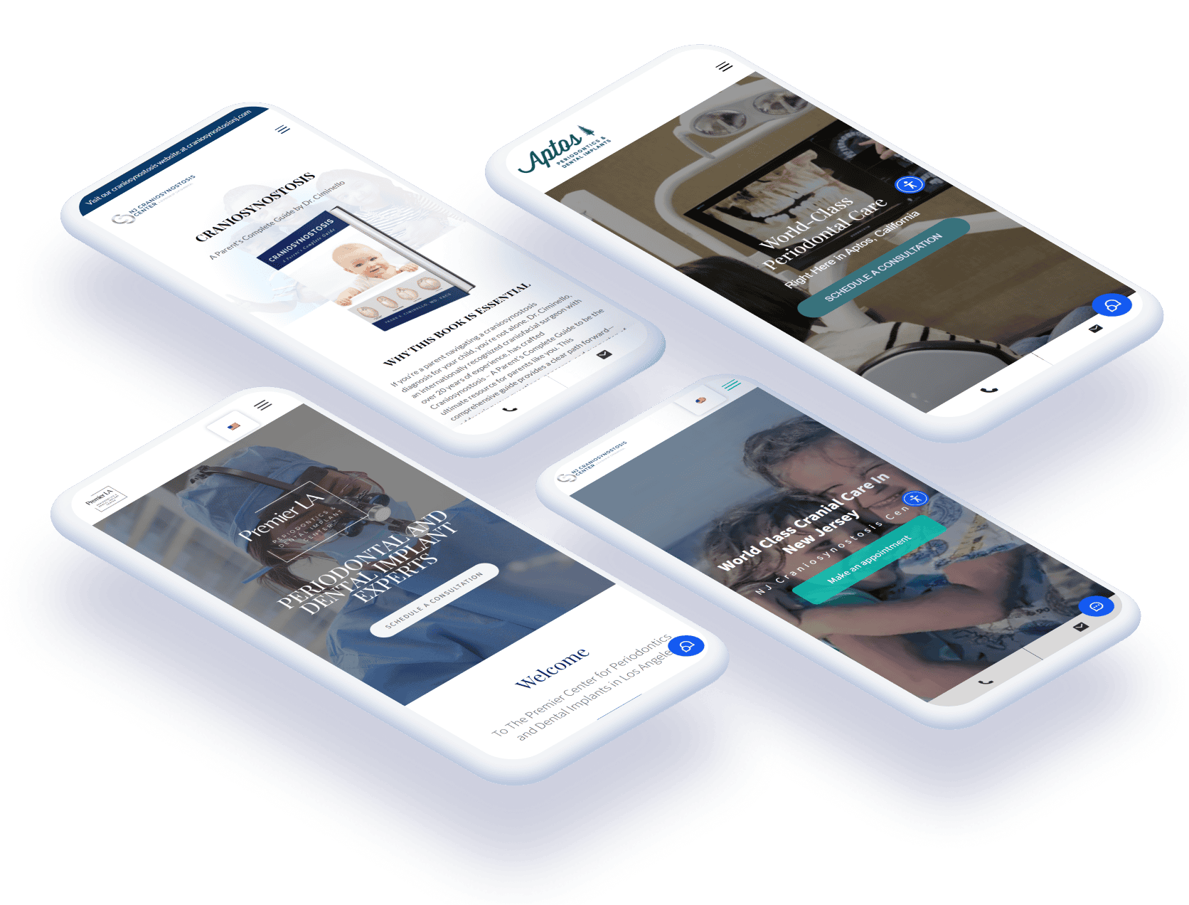 Four mobile healthcare website mockups supporting the message of exclusive marketing for each practice.