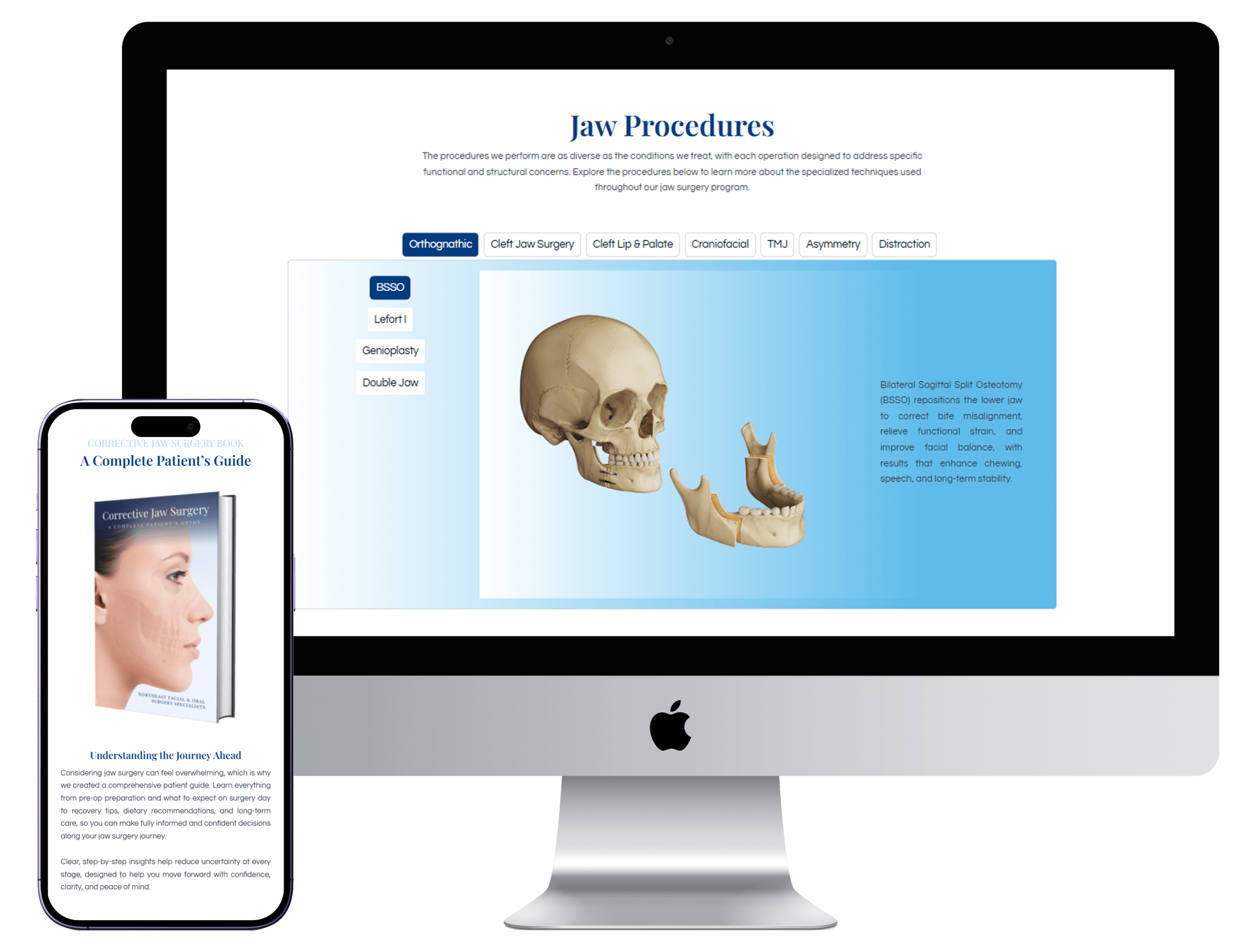 Desktop and mobile views of jaw procedure content demonstrating integration with a primary practice website.