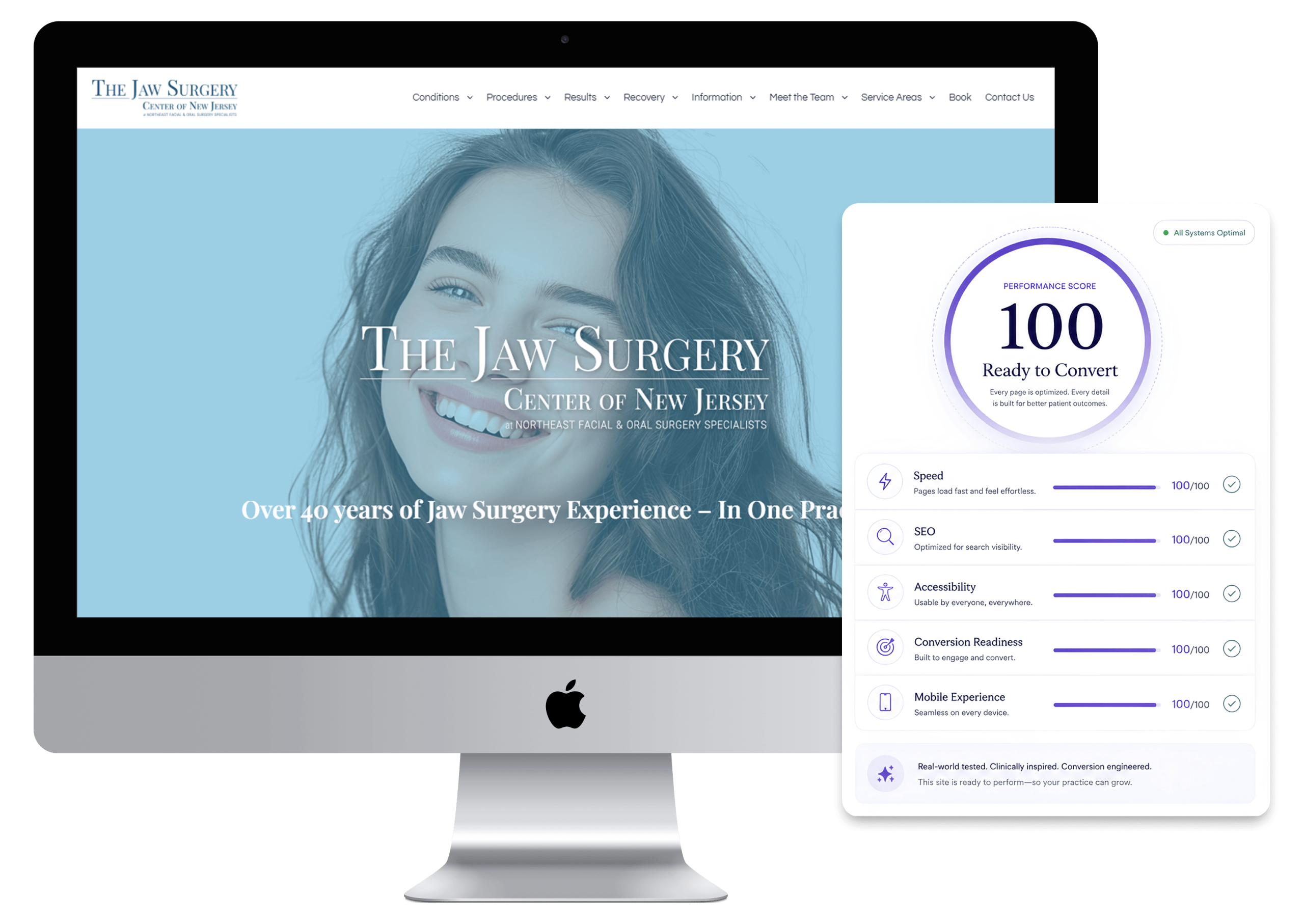 Desktop mockup of The Jaw Surgery Center of New Jersey website beside a 100 conversion-readiness score and performance metrics.