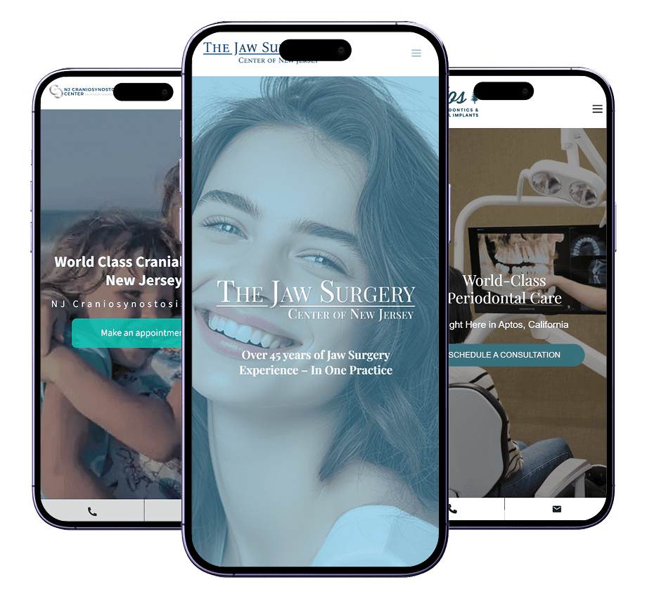 Three smartphone mockups showcase website designs for craniofacial, jaw surgery, and periodontal practices.
