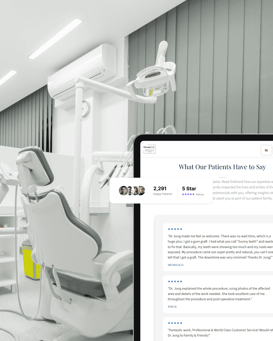 Dental office with a laptop displaying patient ratings and reviews for online reputation management.