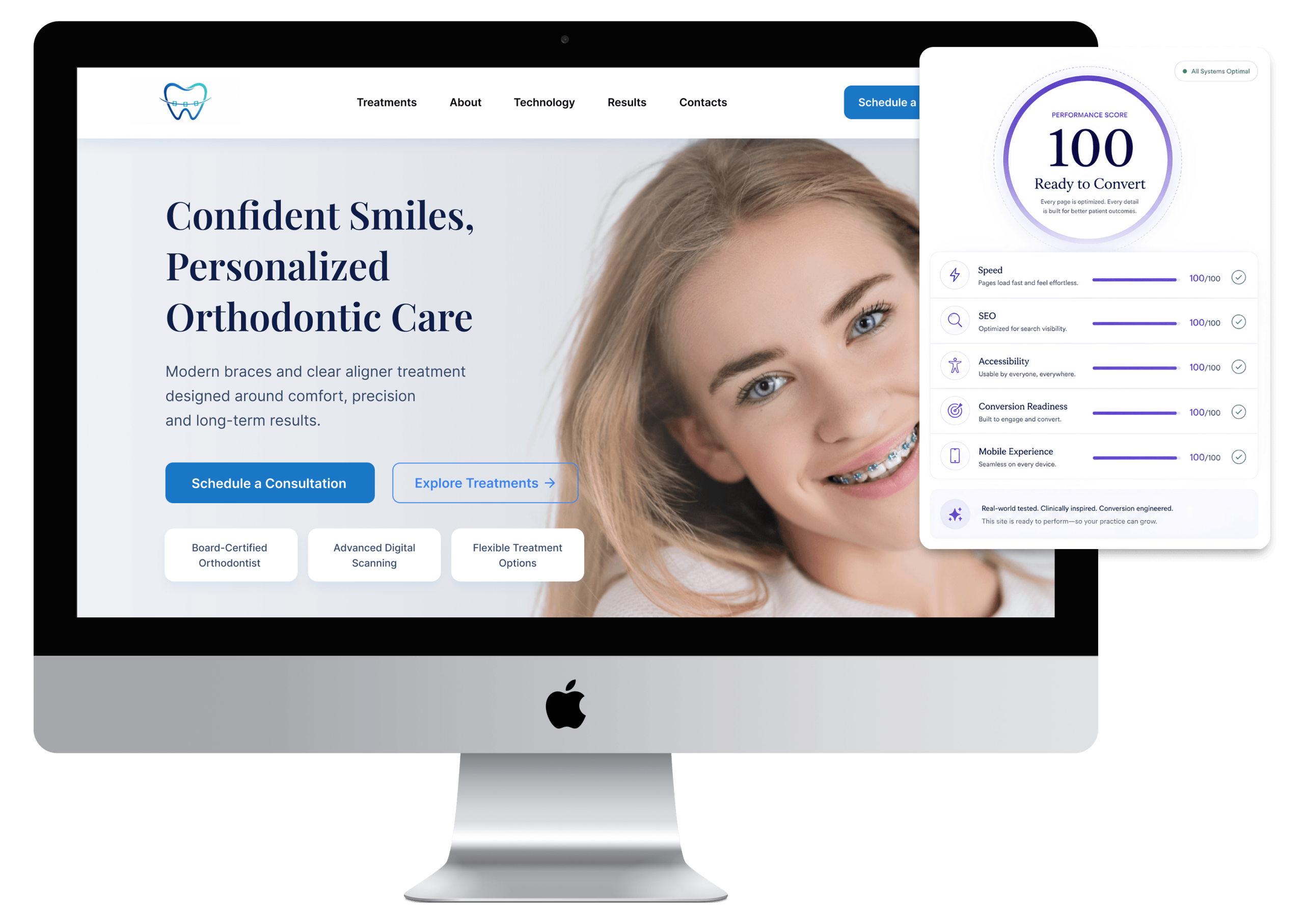 Desktop preview of an orthodontic website with a 100 performance score, illustrating speed and SEO optimization.