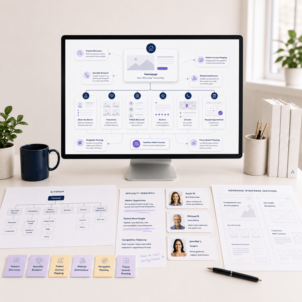 Desktop workspace with a patient journey map on a monitor, website wireframes, research notes, and planning cards.