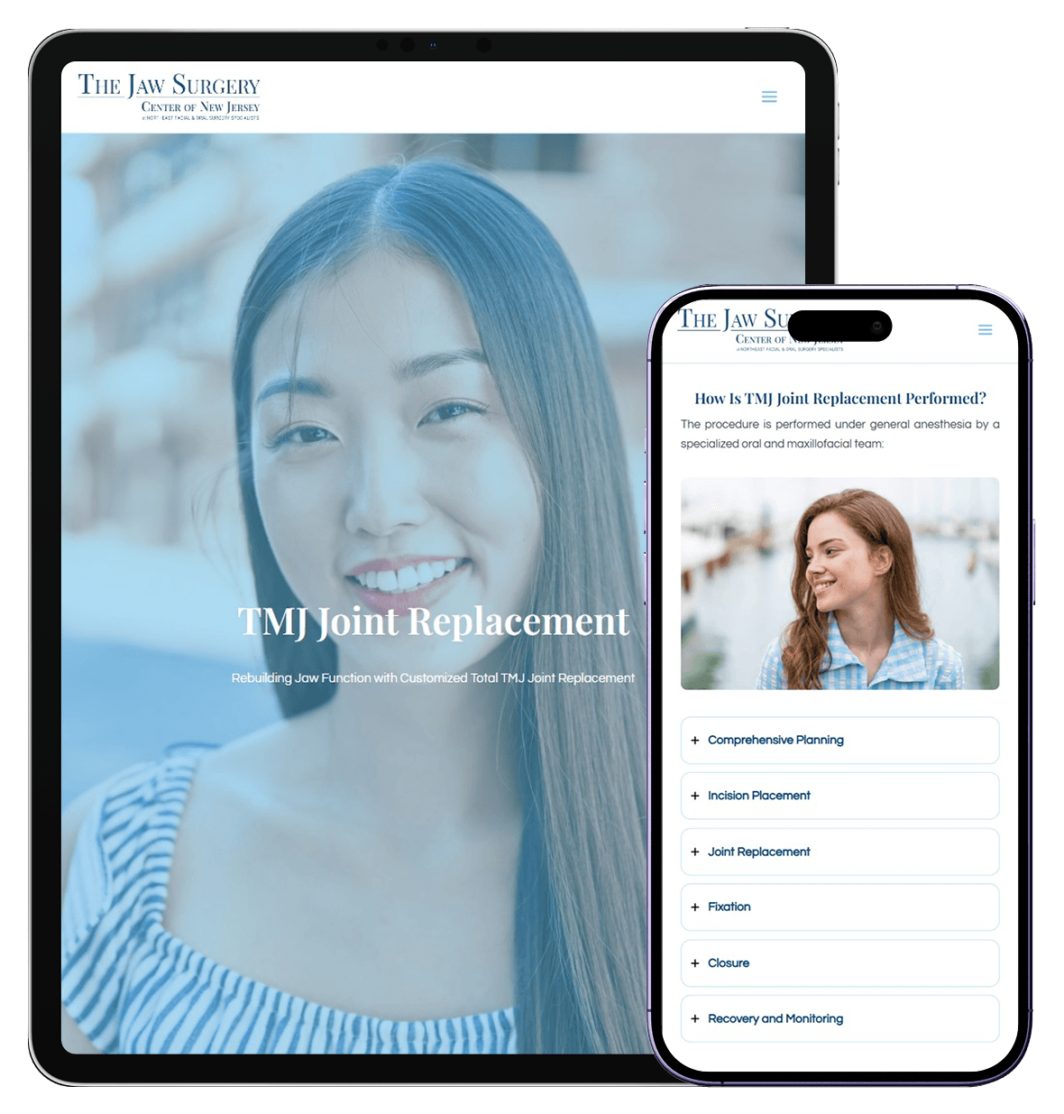 Responsive jaw surgery website shown on a tablet and phone, featuring TMJ replacement information and a smiling woman.