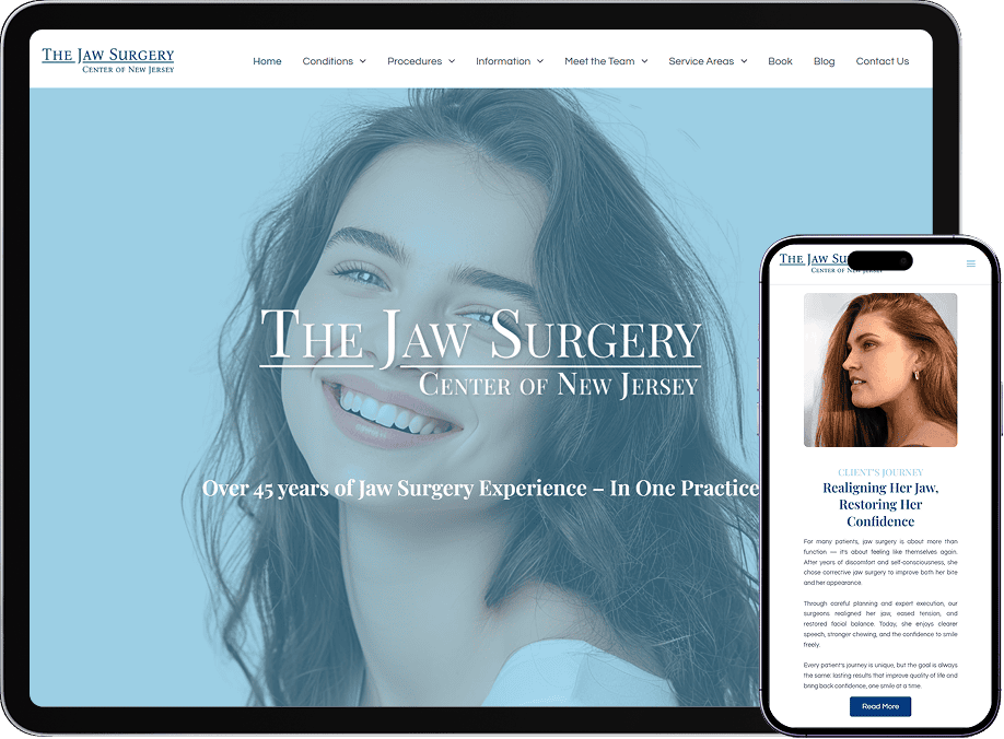 Procedure-focused website for The Jaw Surgery Center of New Jersey displayed on desktop and mobile screens.