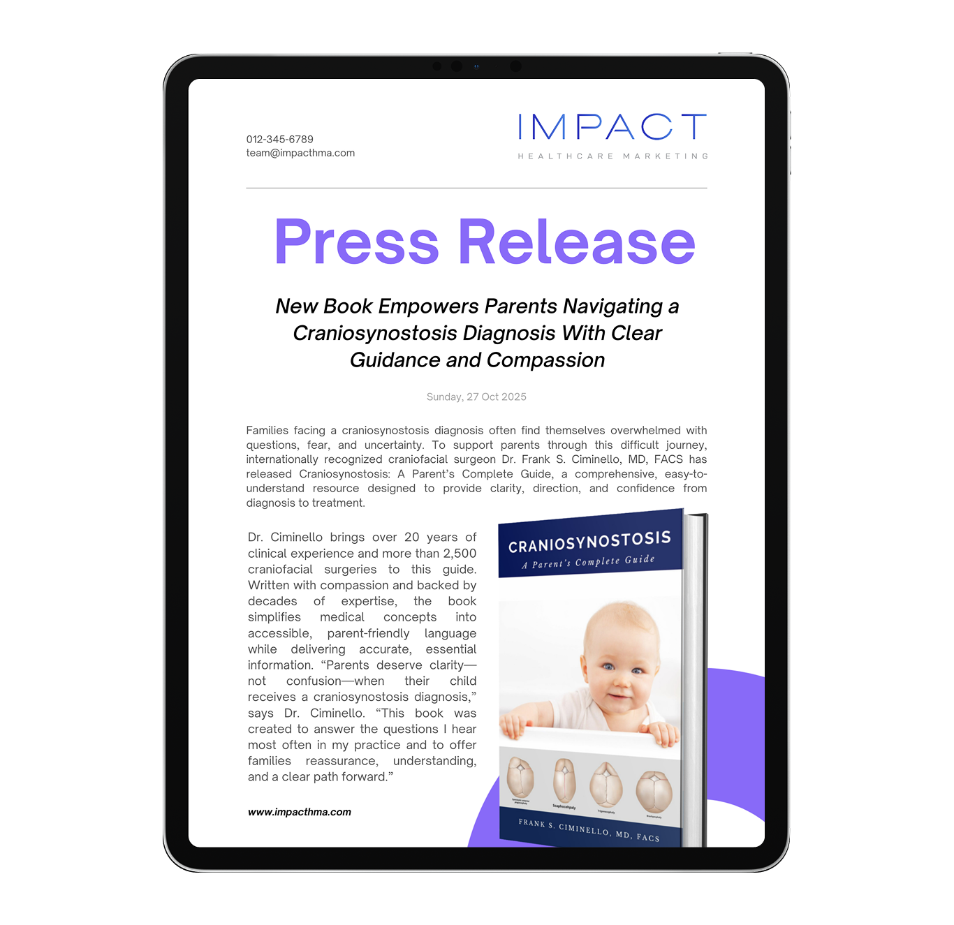 Tablet displaying a professionally formatted press release announcing a book about craniosynostosis.