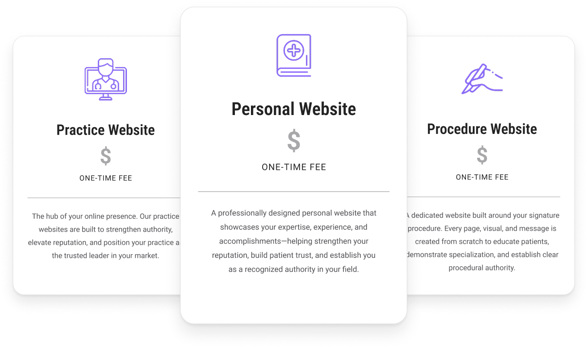 Three sample transparent pricing cards for Practice Website, Personal Website, and Procedure Website options, each labeled as a one-time fee.